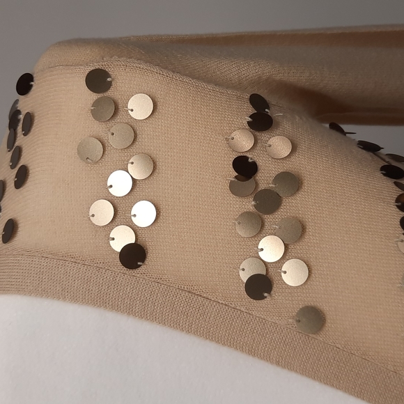 Moda International Beige V-Neck Cardigan with Bronze Sequins, Size S - Picture 2 of 6